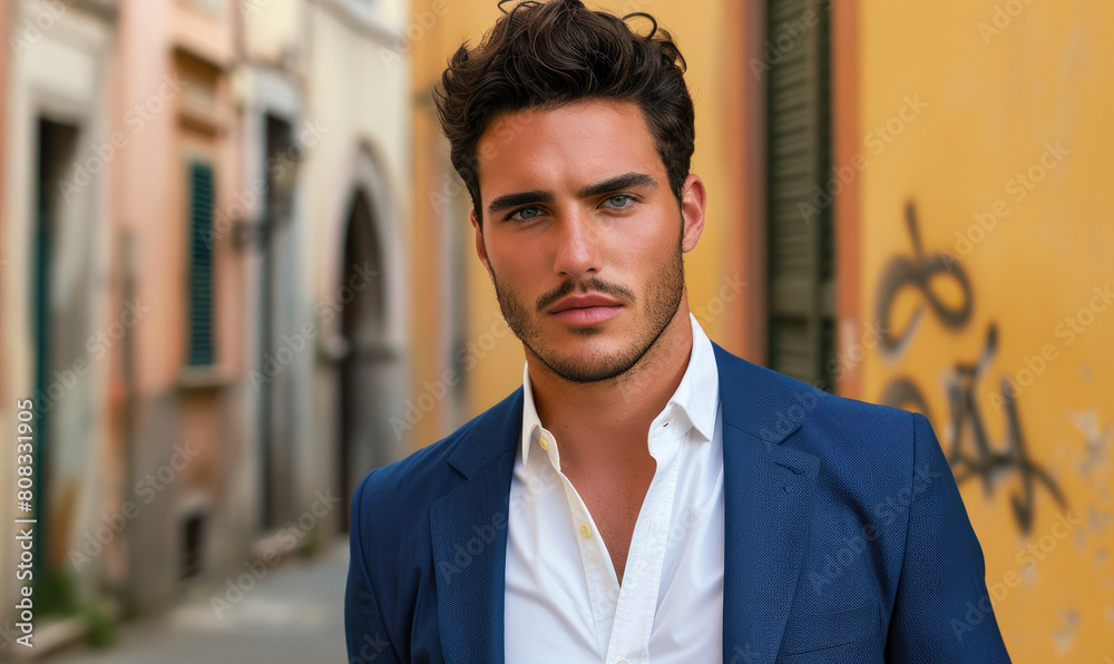 A handsome male model wearing a white dress shirt and a blue blazer. Street fotoshooting A handsome male model wearing a white dress shirt and a blue blazer. Street fotoshooting