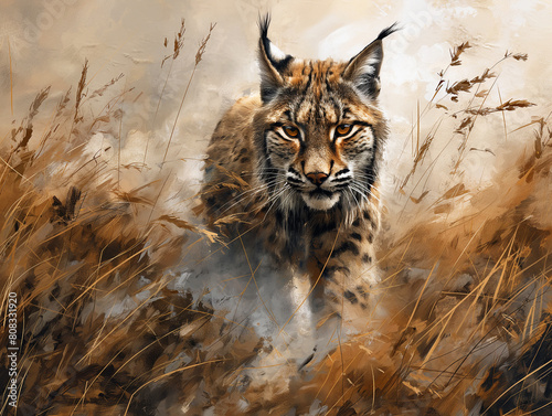 An illustration of a wild eurasian lynx hunting