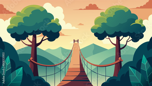 A long rope bridge suspended between two towering trees representing the stoics journey towards inner peace and enlightenment.. Vector illustration