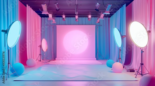 Soft-hued photo studio with lighting gear depicted in 3D.