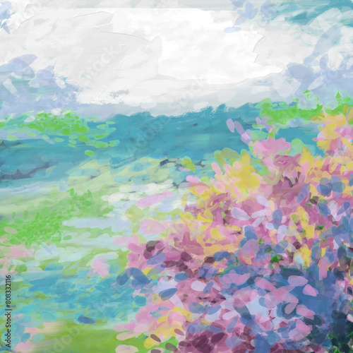 Impressionistic Digital Painting or Art of Mountains   Valley or Meadow with Blooming Flowers at the Forefront  Art  Illustration  Artwork  Design