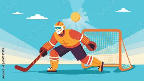 A goalie protects the net with fierce determination beads of sweat rolling down his face as he tries to block the ball from entering during a game of. Vector illustration