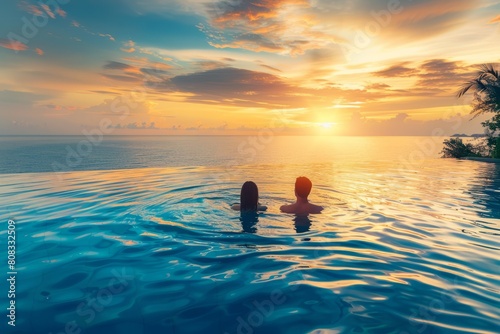 silhouette of a couple on a infinity pool enjoying the sunset at near the sea