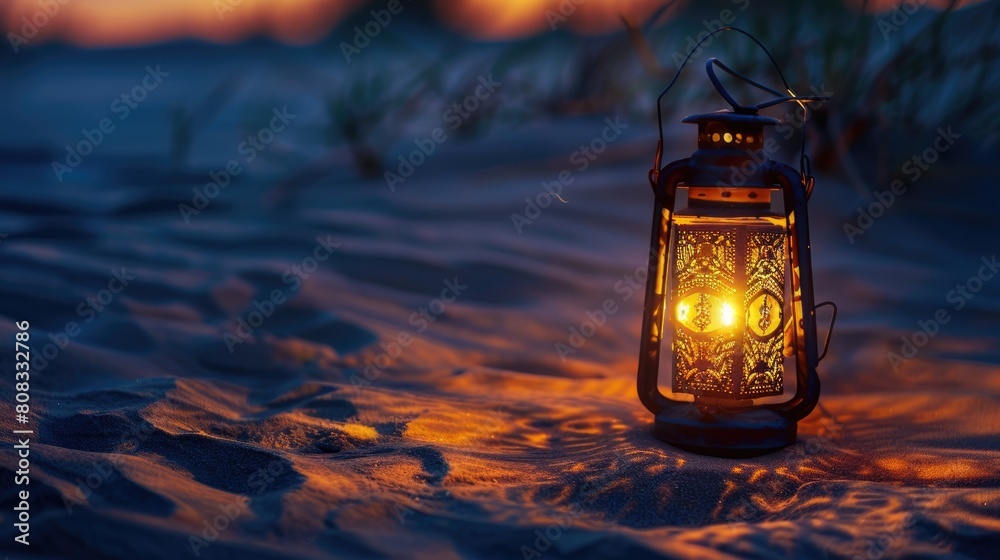 A lantern illuminates the sandy beach at sunset, casting a warm glow over the water and painting the horizon in a beautiful dusk landscape AIG50