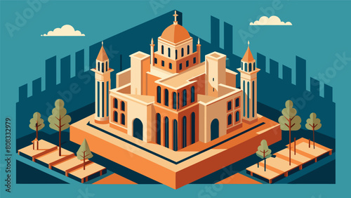 The architectural model with its intricate details and perfectly replicated features seems to come to life against the backdrop of the construction. Vector illustration