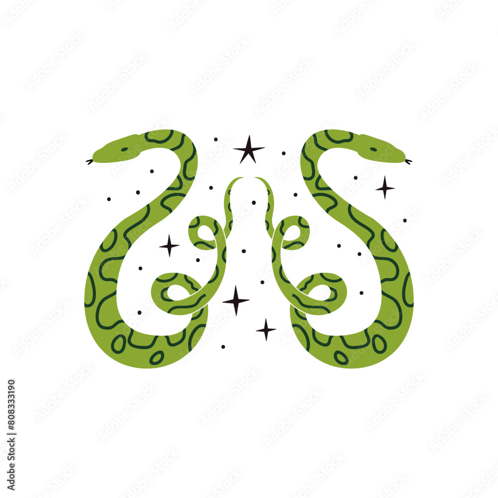 Green snakes on isolated background. Mystical vector flat symmetry illustration of reptiles Green snakes on isolated background. Mystical vector flat symmetry illustration of reptiles