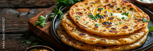 Indian flatbread stuffed with potatoes, aloo paratha, served with butter or curd. Concept Recipe, Indian cuisine, Vegetarian, Stuffed bread, Homemade photo