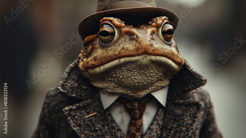 Dapper toad hops through city streets in tailored splendor  epitomizing street style.