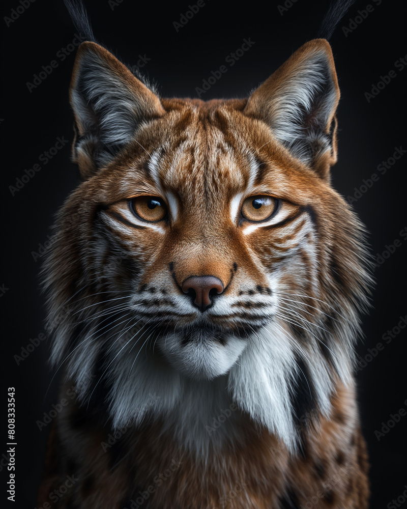 A wild eurasian lynx on dark black background A wild eurasian lynx on dark black background