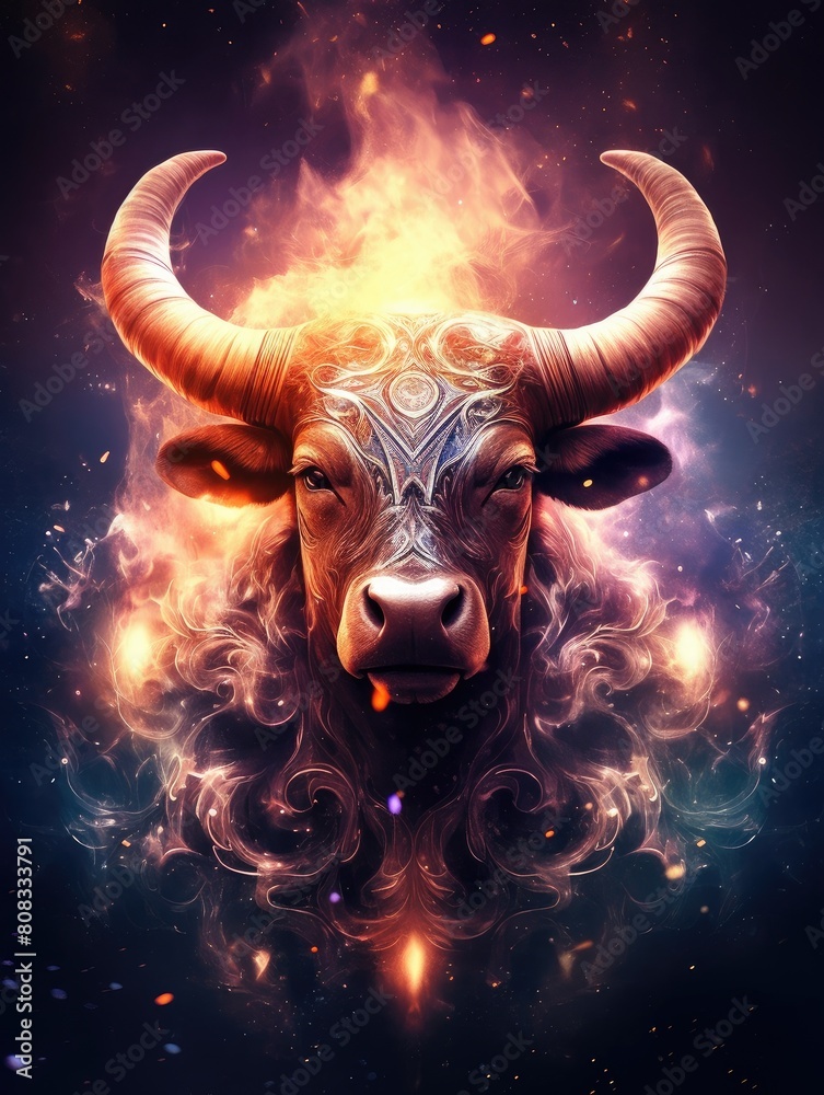 Zodiac sign Taurus on the starry sky close up. Backdrop of sacred zodiac Taurus symbols, astrology, alchemy, magic, sorcery and fortune telling. Taurus calendar digital painting. Zodiac sign Taurus on the starry sky close up. Backdrop of sacred zodiac Taurus symbols, astrology, alchemy, magic, sorcery and fortune telling. Taurus calendar digital painting.