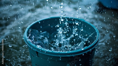 Water streams out of a bucket riddled with holes. photo