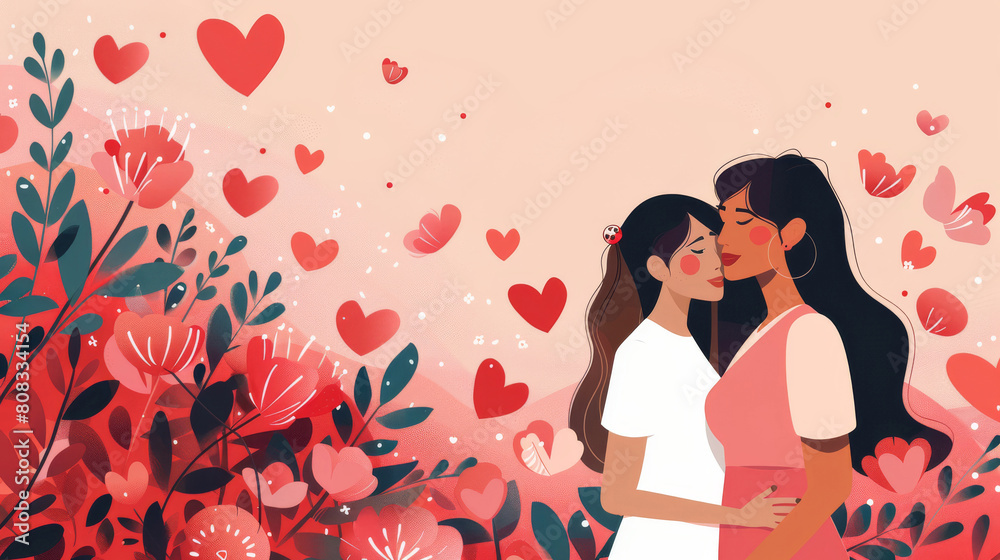 Mother hugging her child in a garden full of flowers and plants. Copy space Mother hugging her child in a garden full of flowers and plants. Copy space