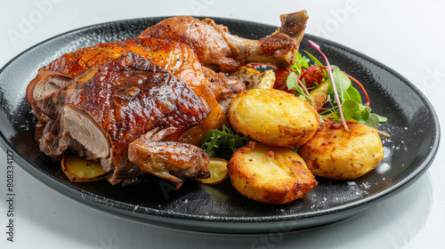 Classic ecuadorian dish: savory roasted chicken and golden potatoes on a modern black plate with a white backdrop