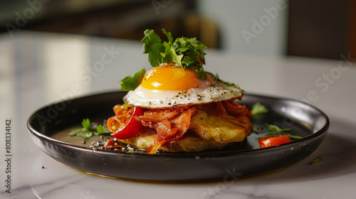 Ecuadorian breakfast delight: llapingachos with fried egg, tomatoes, herbs, and bacon photo