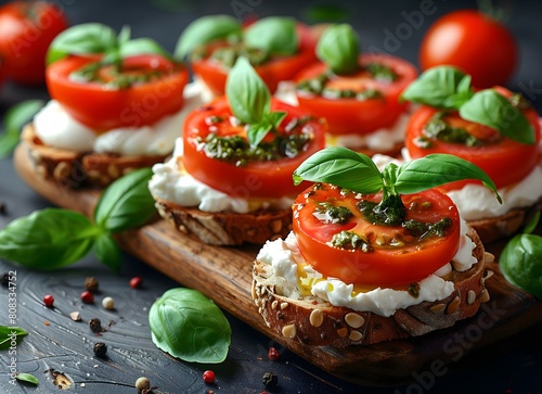 tomato crostini with pesto and ricotta, rustic wooden board, topped with vibrant cherry tomatoes, dollops of creamy ricotta cheese, and a drizzle of homemade pesto sauce