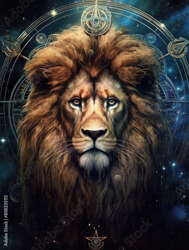 Zodiac leo symbols  astrology  alchemy  magic  sorcery and fortune telling. Digital painting. Zodiac sign lion on the starry sky close up