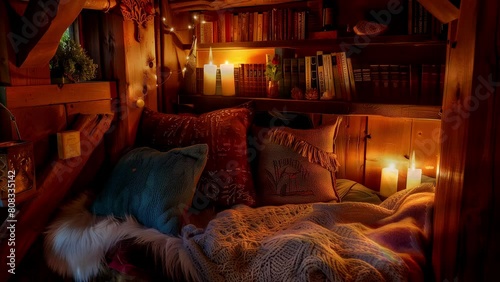 A warm cabin with a fireplace crackling candles in the windows and a bookcase