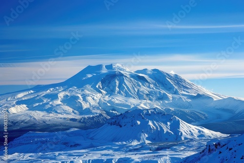 Clear Day View of Volcanic Mount: Majestic Landscape with Blue Sky,