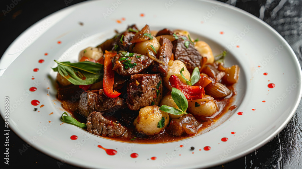 Authentic ecuadorian beef stew served with potatoes, red peppers, and herbs in a rich sauce, garnished with basil on a white plate Authentic ecuadorian beef stew served with potatoes, red peppers, and herbs in a rich sauce, garnished with basil on a white plate