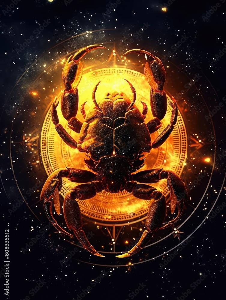 Fototapeta premium Zodiac scorpio symbols, astrology, alchemy, magic, sorcery and fortune telling. Digital painting. Zodiac sign scorpio on the starry sky close up