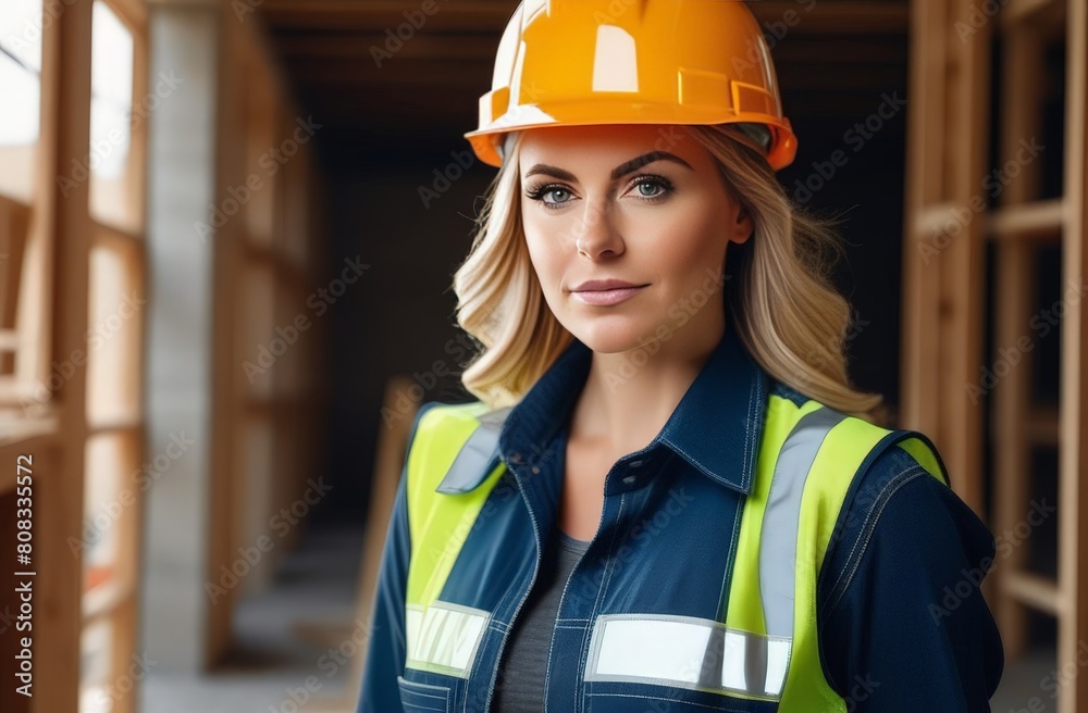 Woman builder in a hard hat against the background of a building under construction, close-up portrait Woman builder in a hard hat against the background of a building under construction, close-up portrait