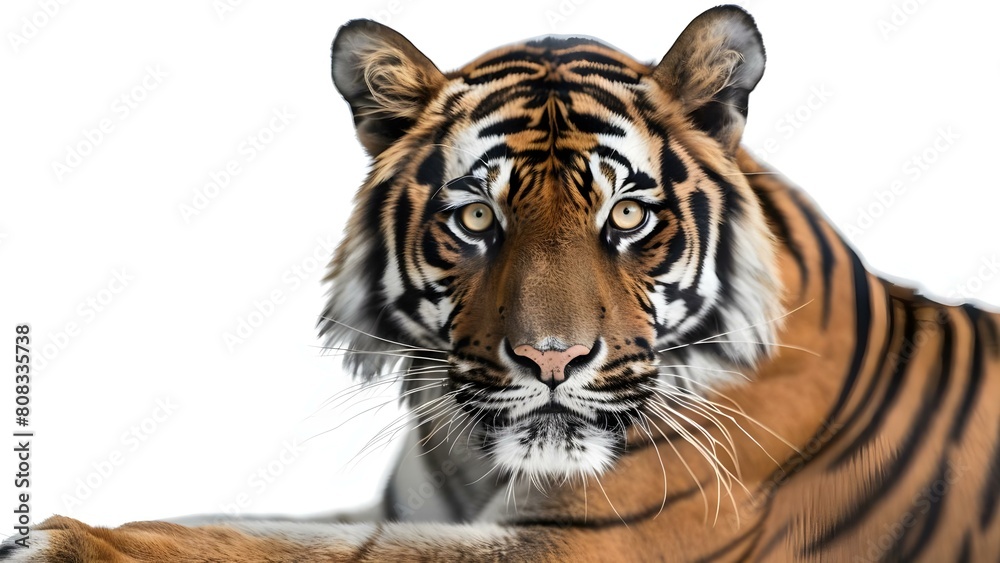 Solitary adult tiger staring intensely on a white background. Concept Wildlife Portraits, Tiger Photography, Intense Gaze, Solitude, White Background