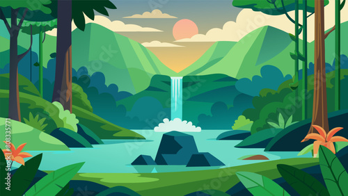 A peaceful tropical rainforest with lush trees and a soothing waterfall where you can do a yoga flow a the verdant greenery.. Vector illustration