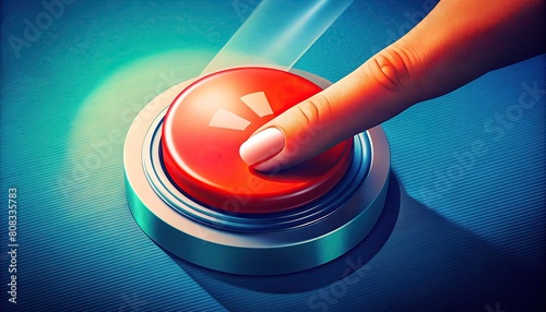 closeup of finger pressing down on red button with white forward symbol in center photo