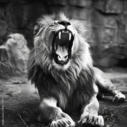 Barbary Lion Laying Down and Roaring at the Zoo. Captivating and Dangerously Beautiful Photo  photo