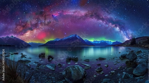 Astrophotography of Stunning Aurora and Milky Way over Lake 