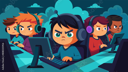 Eyes glued to their screens the junior gamers feverishly move their mouse and type furiously determined to be the last player standing in a battle. Vector illustration