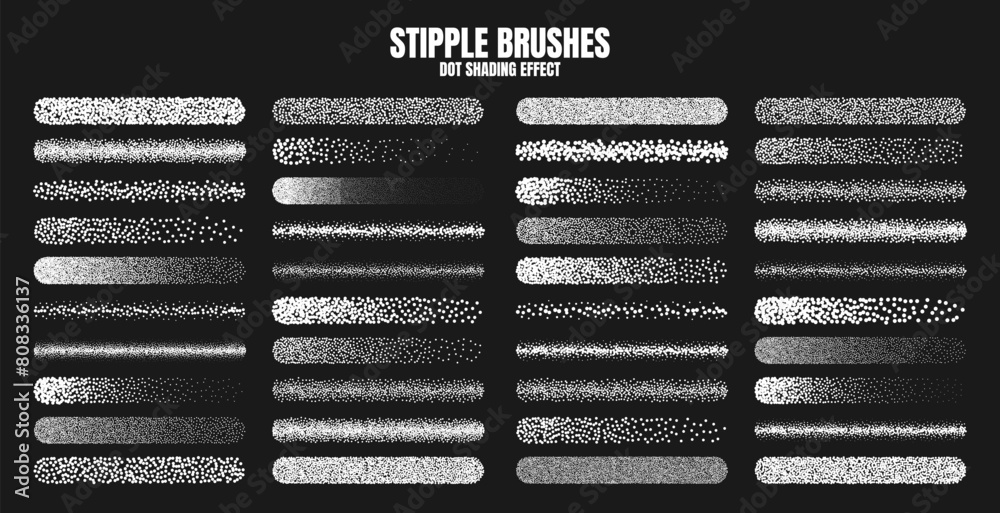 Stipple scatter brush, ink drawing and texturing. Fading gradient. Stippling, dotwork drawing, shading using dots. Halftone disintegration effect. White noise grainy texture. Vector illustration