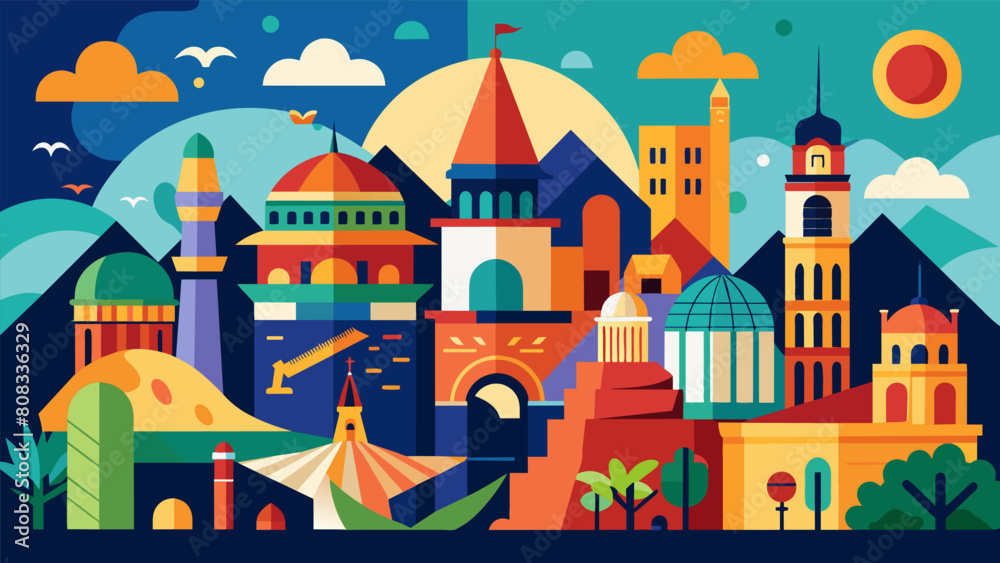 A mixedmedia collage of iconic landmarks and symbols from different countries celebrating the beauty and significance of cultural monuments around the. A mixedmedia collage of iconic landmarks and symbols from different countries celebrating the beauty and significance of cultural monuments around the.