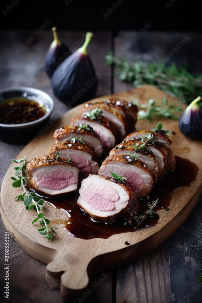 Baked meat with figs on a plate. Steak with fig sauce. grill and bbq. healthy dish in a restaurant Baked meat with figs on a plate. Steak with fig sauce. grill and bbq. healthy dish in a restaurant