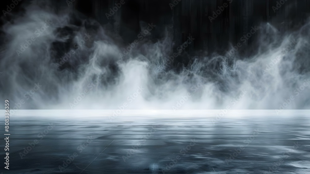 Dark Room with Concrete Floor and Fog: Product Placement on Stage. Concept Product Photography, Dark Lighting, Concrete Flooring, Fog Effect, Stage Setting