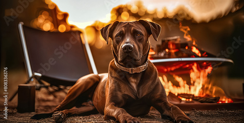 Large Brown Dog Relaxing by Campfire on Spring Evening. pet friendly campgrounds, camping with dogs