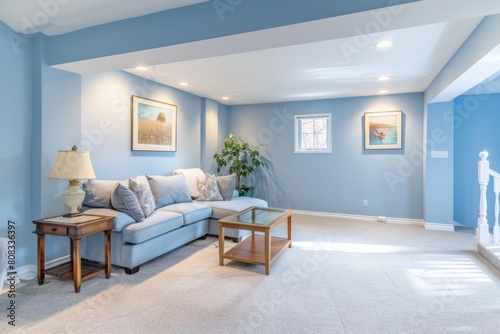 A Beautiful Basement Living Room with Pastel Blue Walls  A Perfectly Designed Family Room to Relax