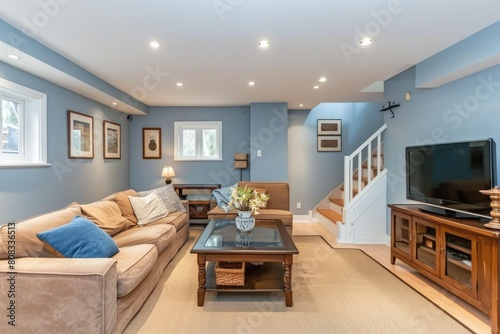 Beautiful Basement Living Room Interior with Pastel Blue Walls - Furnished Family Room with Bright