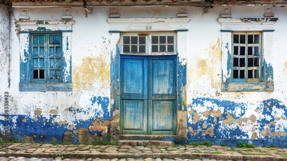 Φωτογραφία House facade in weather-damaged colonial architecture on cobblestone street in the historic city of Paraty in the state of Rio de Janeiro, Brazil, Brasil