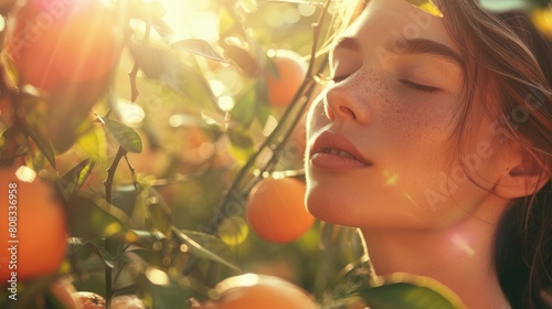 In the midst of a lush jungle, a happy woman stands by a tree with her eyes closed, smelling the sweet scent of oranges. The heat of the sun warms her as she takes in the fragrant citrus fruit AIG50
