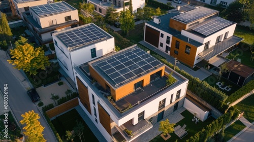 High angle view of solar panels on roof.
