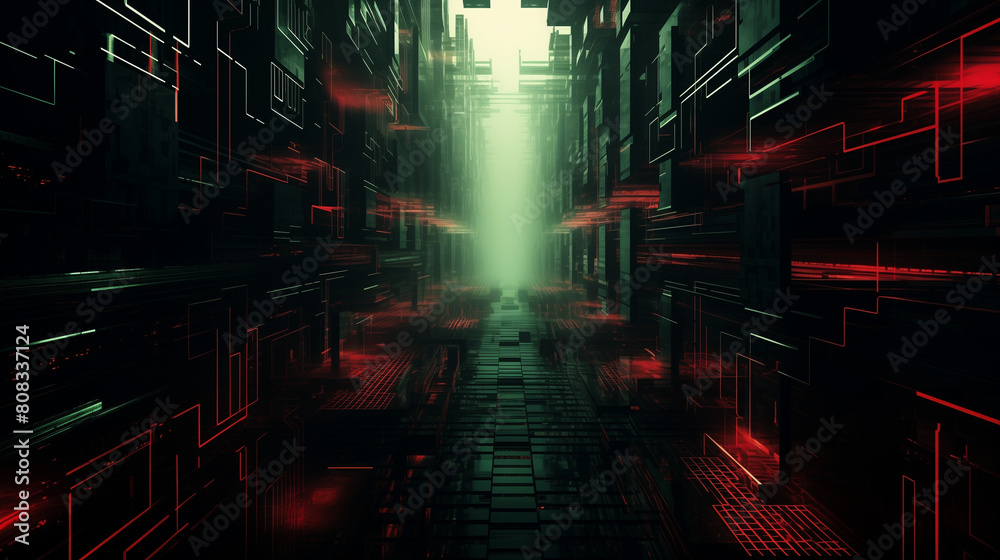 Fototapeta premium Futuristic cyberpunk cityscape with lights and abstract data structures for electronic music, covers, games, screensaver, advanced technologies and virtual reality