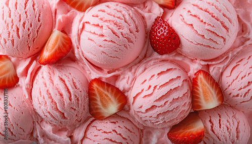 Gros plan sur de la crème glacée, texture crémeuse d’une glace rose, à la fraise