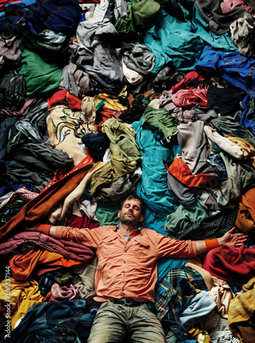 AI Image. Sleeping man surrounded by colorful discarded textile