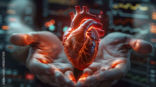 A human heart floating in the palm of two hands, illuminated by medical science holograms, hope and healing for those with cardiovascular issues concept. photo