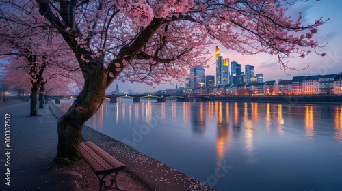 Cherry tree in bloom on banks of River Main with skyline of business district in the background at dusk, Frankfurt am Main, Hesse, Germany Europe hyper realistic  photo