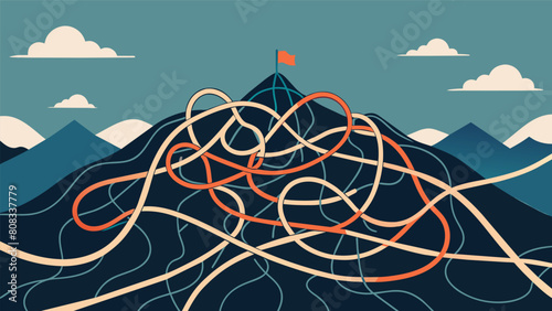A maze of tangled wires and cords untangle forming a simple streamlined path towards a lofty peaceful mountaintop..