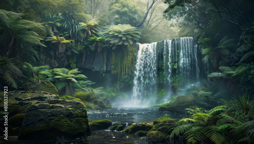 Cinematic photo of a waterfall in a rainforest, with mossy rocks and ferns 