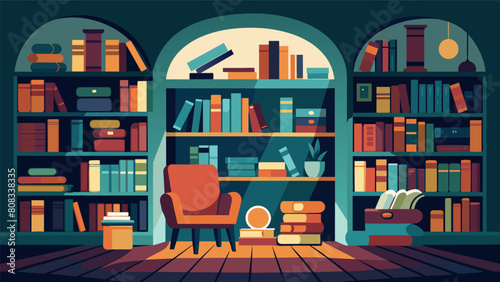 With shelves of vintage and antiquarian books surrounding it the reading nook in the secondhand bookshop is a literary enthusiasts dream come true.. Vector illustration