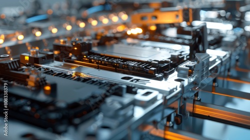 Mass production assembly line of electric vehicle battery cells close-up view hyper realistic 